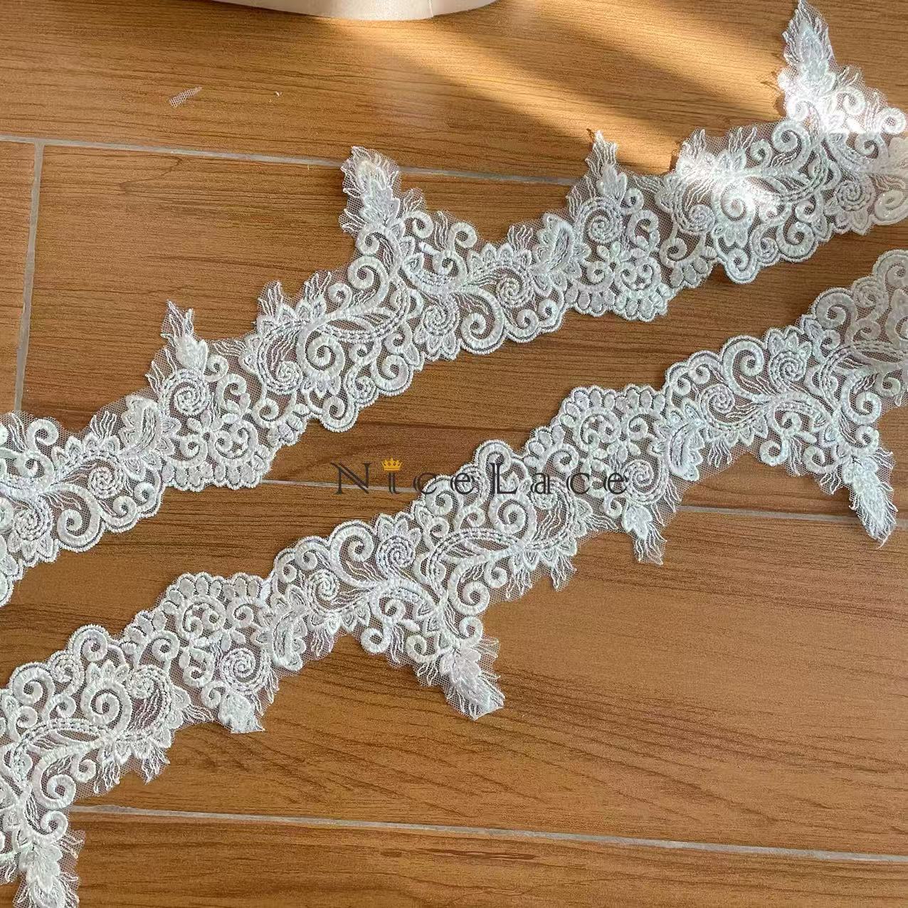 Wedding Water Supply - 1ヤード アイボリー 刺繍レース 繊細な刺繍リボン スパンコールトリム カーテン