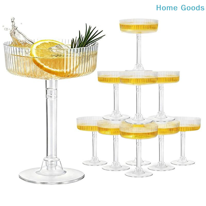 Champagne Tower Set - 10個入り 再利用可能な透明プラスチック製マティーニグラス 漏れ防止デザートカップ 結婚式や屋外ピクニック用の乾杯用フルート