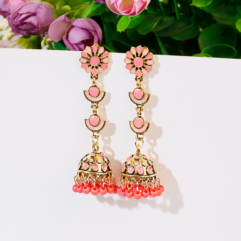 Indian Wedding Supply - エスニックロングピンクの花 Jhumka イヤリングジプシーインドピアス女性レディースラウンドベルイヤリング Oorbellen