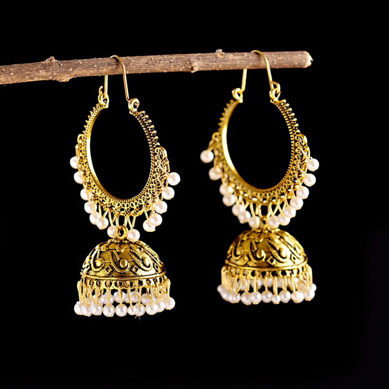 Indian Wedding Supply - 新しいインド Jhumka ジュエリー女性のファッションボヘミアンヴィンテージビッグラウンド彫刻鐘ぶら下げイヤリングパールタッセルジュエリー