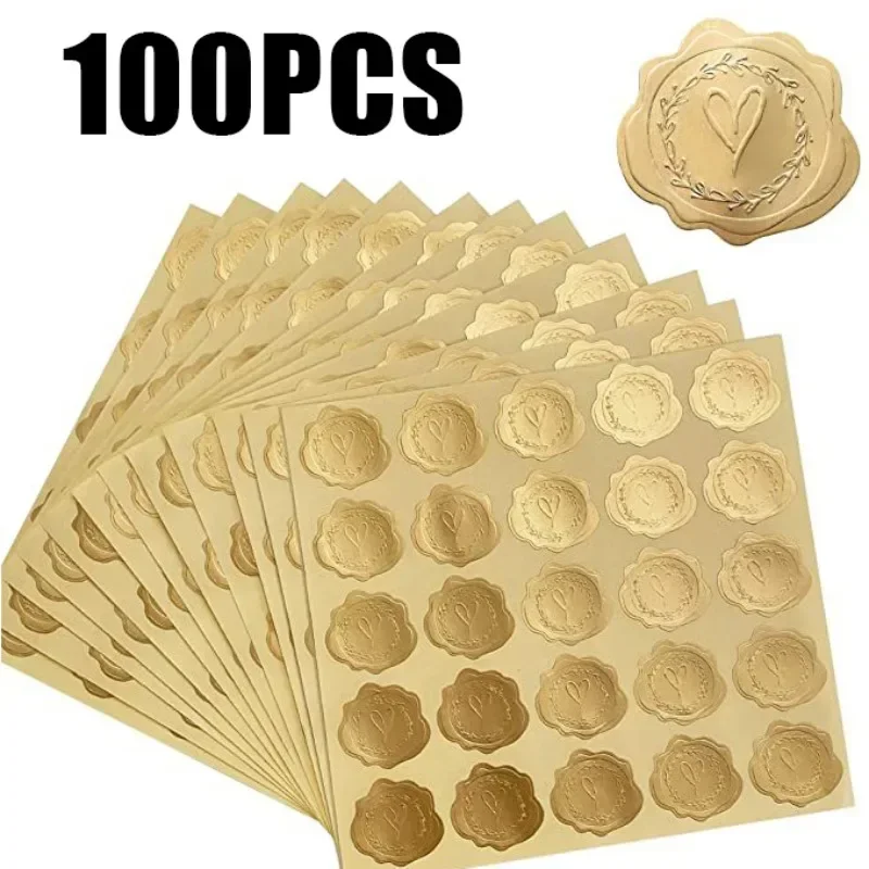 Wedding Envelopes - 25/100 個ゴールドエンボスハートステッカーありがとう封筒シールステッカーウェディングパーティー招待状カードクリスマスギフト装飾