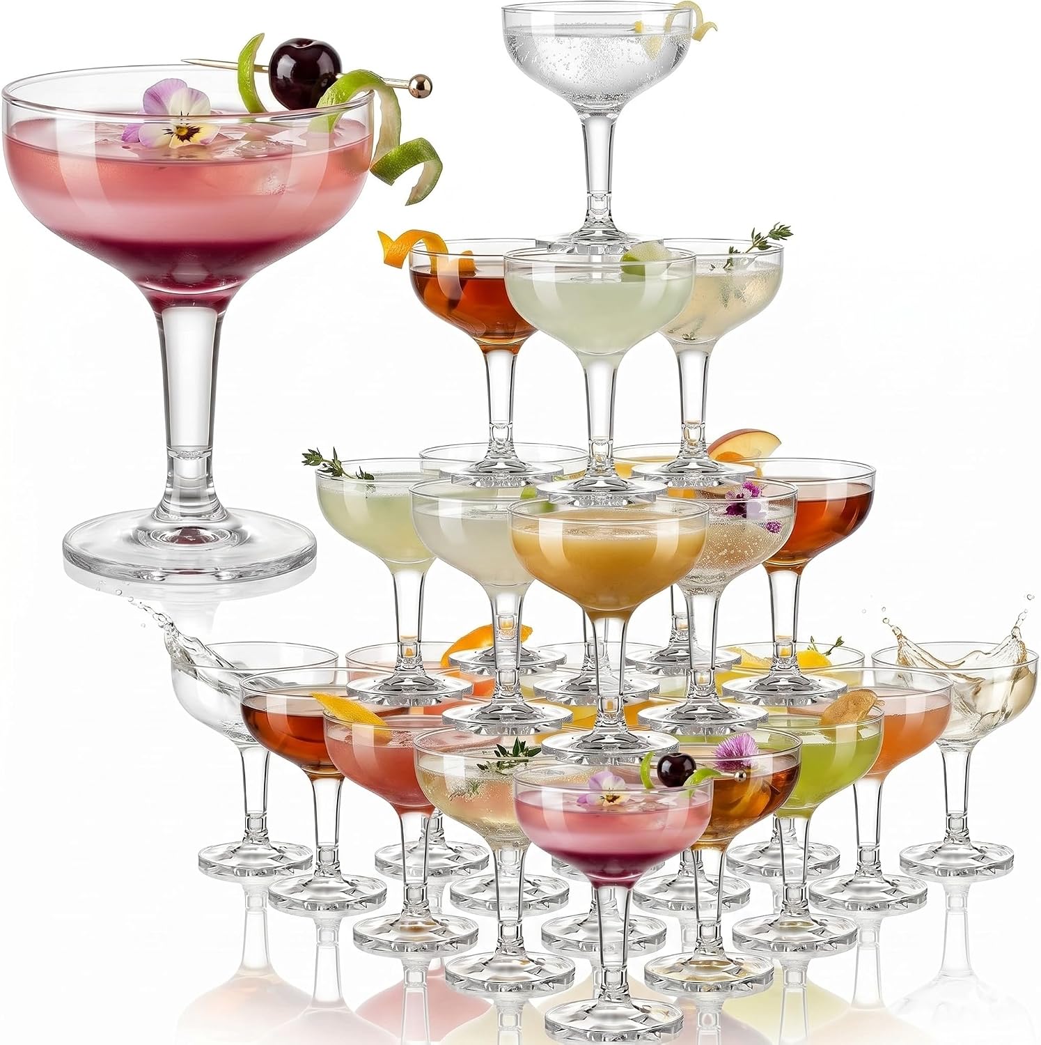 Champagne Tower Set - 4～6段シャンパンタワー プラスチックグラス 5オンス 使い捨てプラスチックマティーニグラス ウェディングシャンパングラス 誕生日パーティーカップ