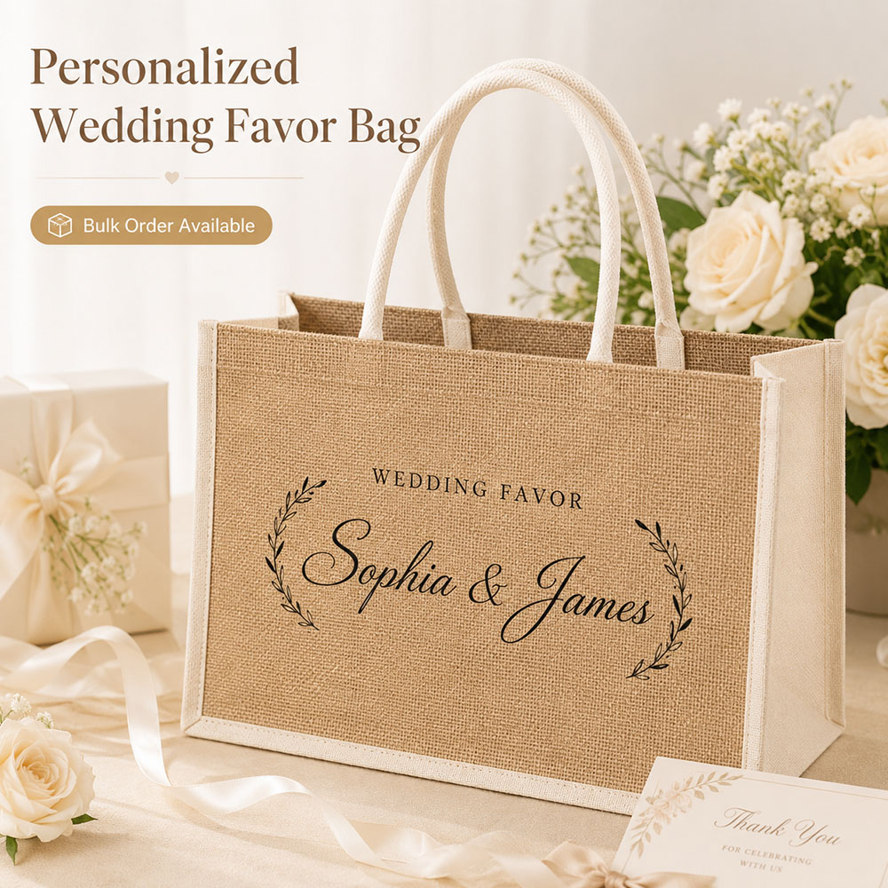 Wedding Supply Bulk - カスタムウェディングギフトバッグ 名入れジュートトートバッグ まとめ買い 引き出物バッグ ゲスト感謝ハンドバッグ 素朴なパーティー用品