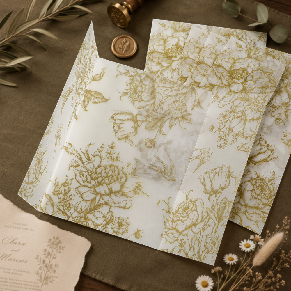 20/50枚入り モノクロの花柄ベラムラップ、ヴィンテージ花 - Wedding Envelopes のレビューと価格